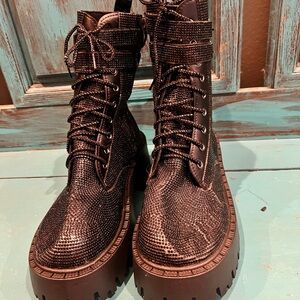 Sparkling Black Combat Boots  with side zipper Size 9